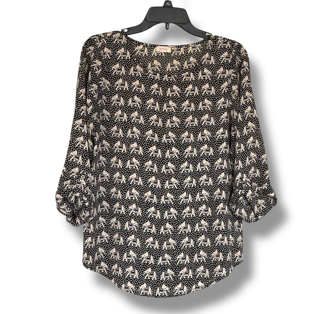 Pixley Stitch Fix Small Top Elephant Print Roll Tab Sleeve Round Neck Black
